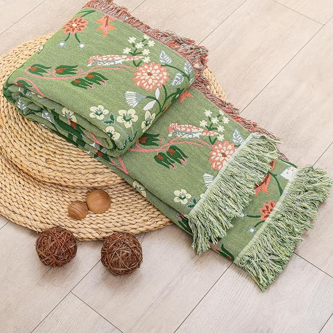 Boho Ultra Soft Throw Blanket 60''x80',100% Cotton Blankets for Couch Bed,Squirrel Farmhouse Home Decor Bed Blankets, All Season Rustic Reversible Bohemian Lightweight Throw for Bed -Light Green ﻿