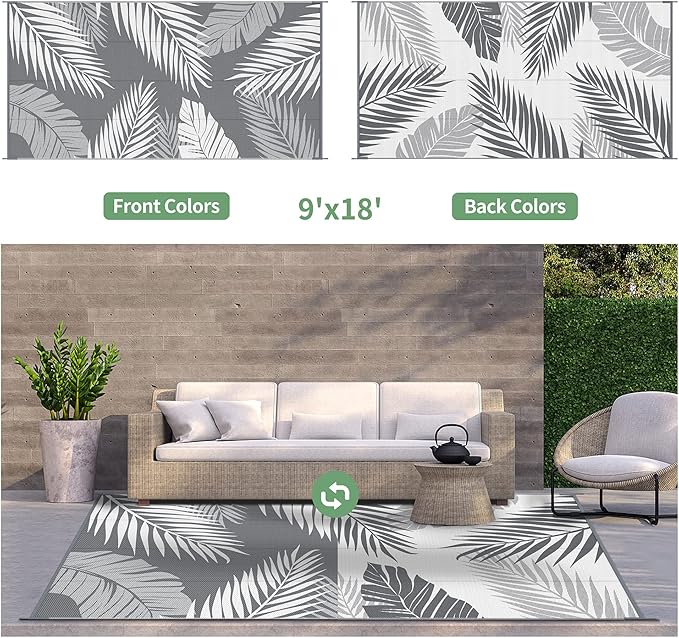 GENIMO Outdoor Rug 9' x 18' Waterproof for Patios Clearance, Reversible, Plastic Straw Camping Rug Carpet, Large Area Rugs Mats for RV, Picnic, Backyard, Deck, Balcony, Porch, Beach, Grey&White