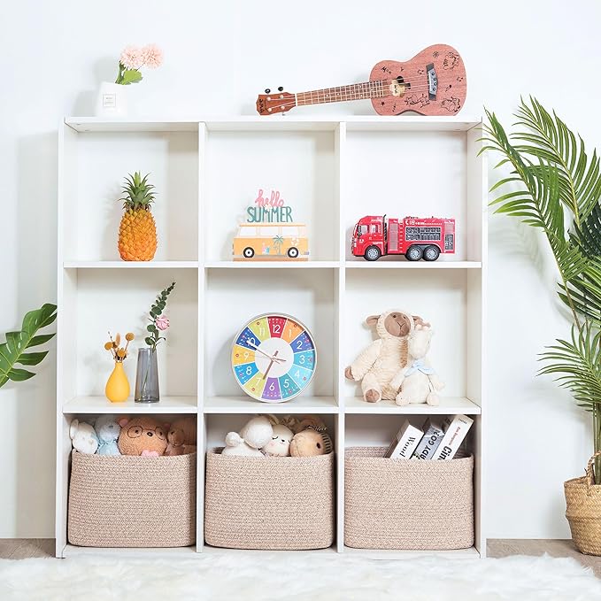 MINTWOOD Design 3-Pack Decorative Woven Storage Baskets for Shelves, Cube Bin Box for Organizing Books, Shoes, Dog Toys, Pantry Closet and Living Room Organizer, Oatmeal Brown