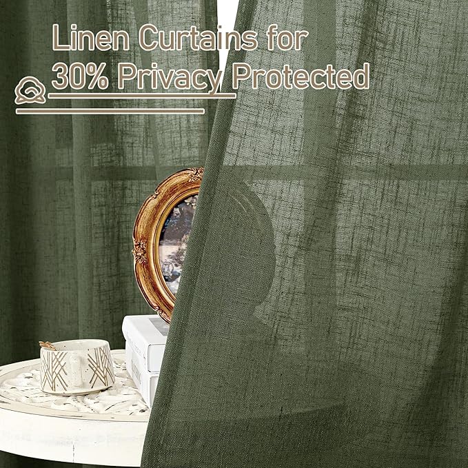 LAMIT Olive Green Sheer Linen Curtains 84 Inches Long for Living Room, Light Filtering Christmas Window Treatments Semi Sheer Neutral Drapes with Bronze Grommet for Bedroom, 52 x 84 Inch, 2 Panels Set