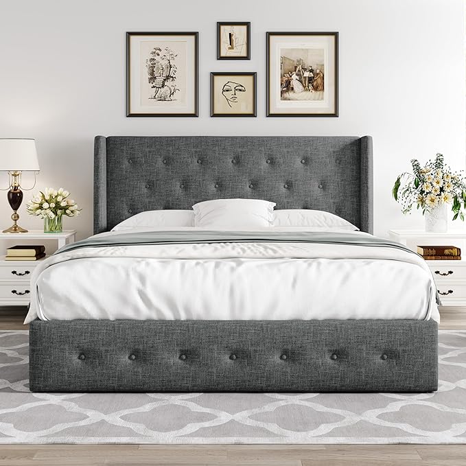 Allewie Queen Size Lift Up Storage Bed, Button Tufted Headboard with Wingback, Hydraulic Support, No Box Spring Needed, Dark Grey