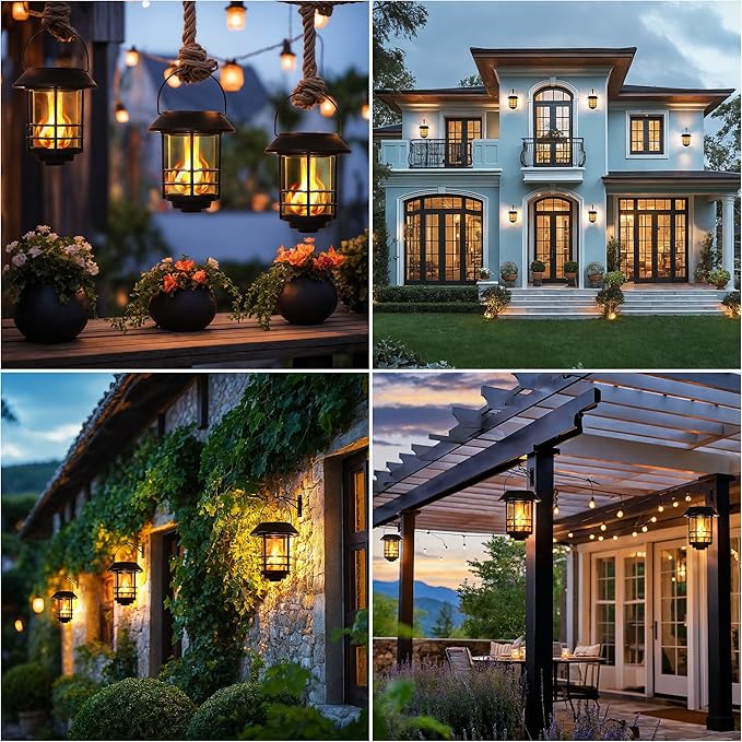 Otdair Solar Wall Lantern Outdoor, Flickering Flames Solar Sconce Lights Outdoor, Hanging Lamps Wall Mount for Front Porch, Patio and Yard, 2 Pack