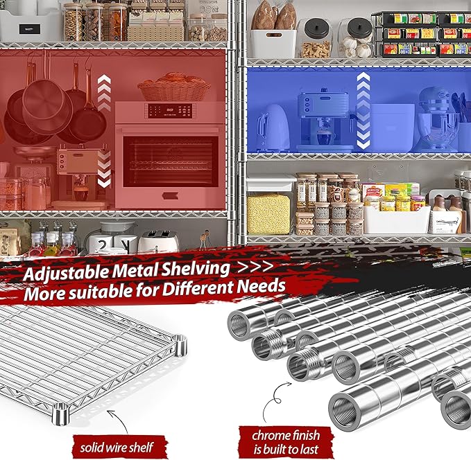 REIBII 69.8" W Storage Shelves 1510LBS Wire Shelving Unit 5 Tier Metal Shelving for Storage Rack Shelves Adjustable Heavy Duty Garage Shelf Pantry Shelves Kitchen Shelving,69.8"Wx15.8"Dx72.4"H,Chrome