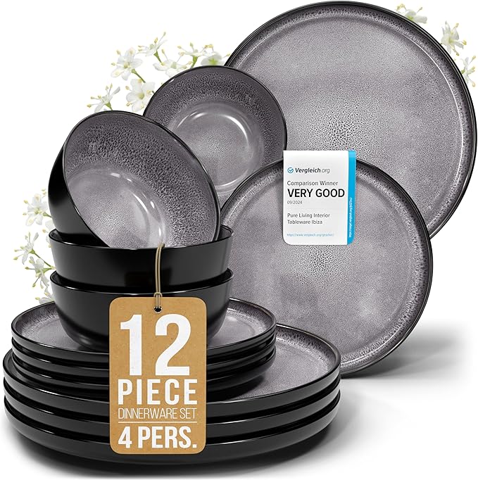Stoneware dinnerware set 4 persons 12 pcs - Dishwasher, microwave and scratch resistant - Bowl and plate set 4 persons modern - Dinner service Pure Living black in gray…