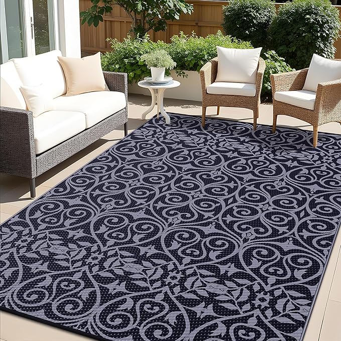 OLANLY Outdoor Rug Waterproof 6x9 ft Clearance, Reversible Outdoor Plastic Straw Rug with Floral Pattern, RV Mat for Patio, Camping, Balcony, Deck, Backyard, Black & Grey