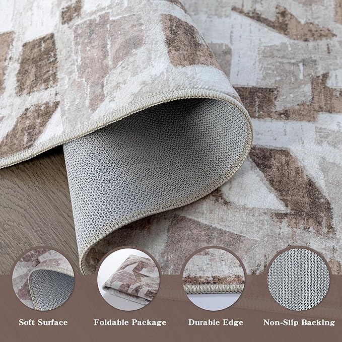 Modern Abstract 8X10 Area Rug for Living Room Bedroom Washable, Non-Slip Rubber Backing Print Faux Wool Thin, Brown Throw Large Carpet for Kids Playroom Dining Room Pet & Child Friendly