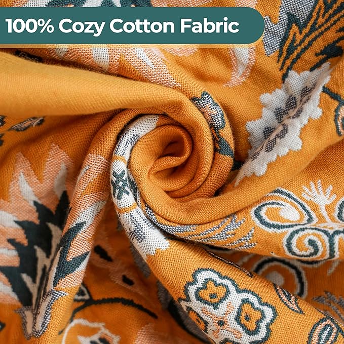 Boho Throw Blanket for Bed,100% Cotton Ultra Soft Lightweight Muslin 4-Layer Breathable Woven Throws 80''x 90'' Blanket Yellow Floral Printed Farmhouse Decor Bed Blankets