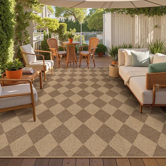 Lahome Checkered Easy Jute Rug 8x10, Washable Rugs for Living Room Dining Room Farmhouse Indoor Outdoor Mat, Neutral Checkerboard Non Slip Black Carpet for Office Backyard Patio