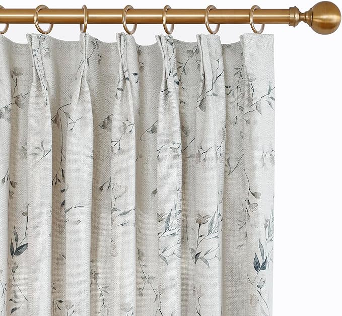 Pinch Pleated Floral Linen Curtains, 52 Inch Wide by 82 Inch Long Printed Curtains for Privacy Light Filtering, Suitable for Living Rooms and Sunrooms.2 Panels