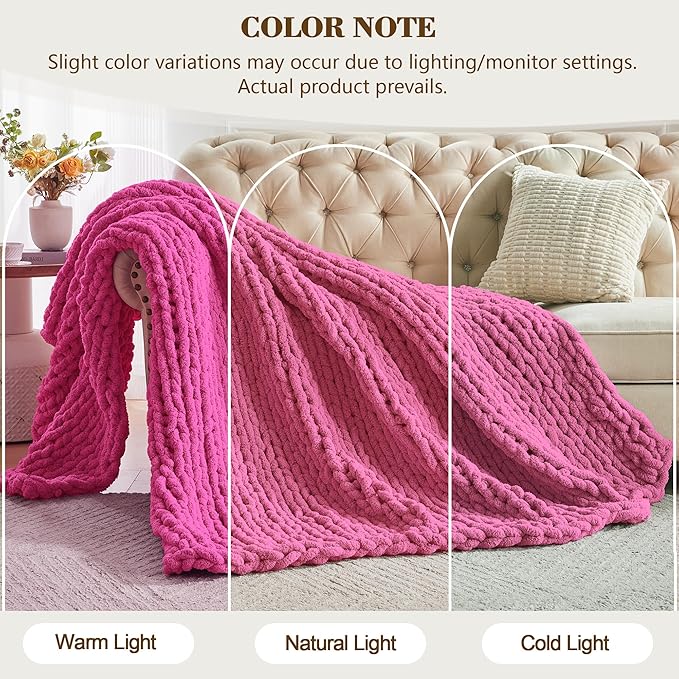 Carriediosa Chunky Knit Throw Blanket 60" X 80" Twin, 100% Hand Made Large Chenille Loop Yarn Soft Fluffy Throws for Couch Sofa Bed, Big Crochet Cozy Heavy Thick Cable Woven Blankets, Hot Pink