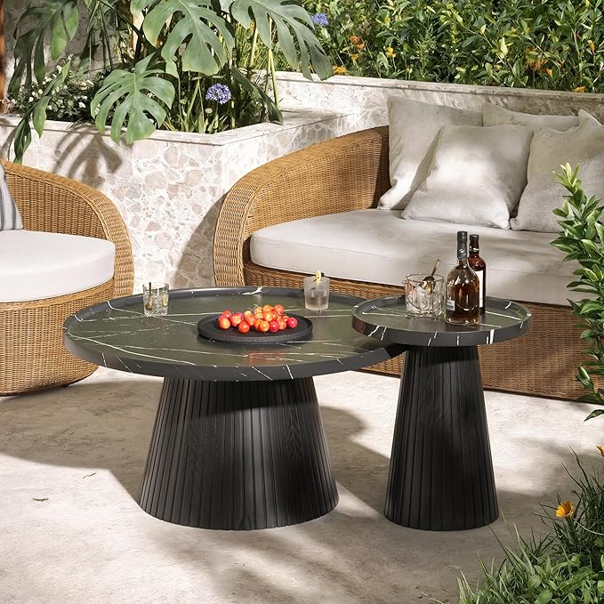win2win Nesting Coffee Table Set of 2, Modern Coffee Table with Marble Veneer, Fluted Round Tea Table and End Table Set, Minimalist Center Tables for Living Room, Office, Black
