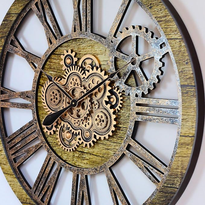 The Gears Clock 36'' Inch Real Moving Gear Wall Clock Vintage Industrial Oversized Rustic Farmhouse (Gold Antique)