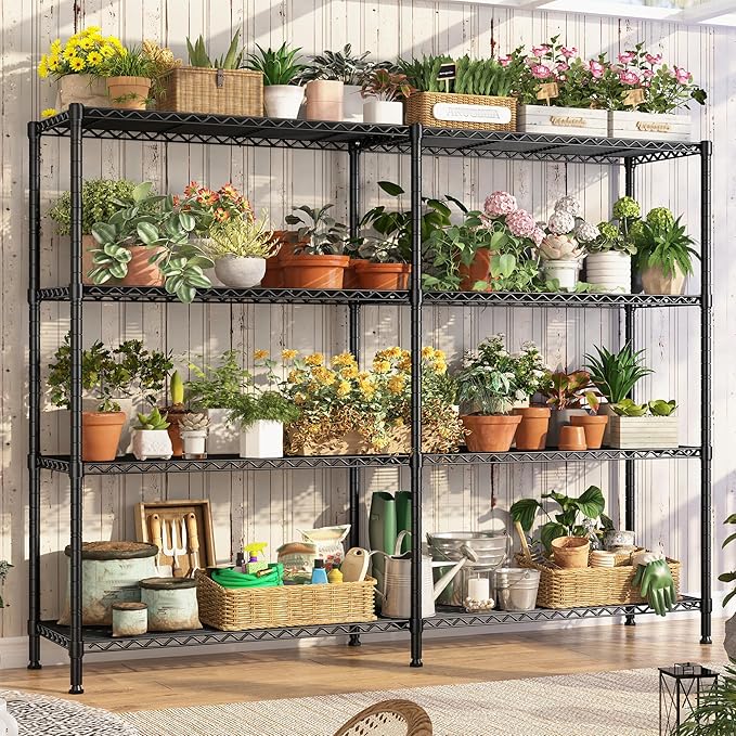 REIBII 61.7''W Storage Shelves Load 1220LBS Wire Shelving Unit 4 Tier Metal Shelving for Storage Rack Shelves Heavy Duty Garage Shelf Pantry Shelves Kitchen Shelving, 61.7" W*62.9" H*15.8" D, Black