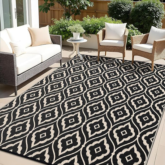 OLANLY Outdoor Rug 9x12 ft Waterproof, Outdoor Plastic Straw Rug with Geometric Pattern Clearance, Reversible RV Mat for Patio, Camping, Balcony, Deck, Backyard, Black & Beige