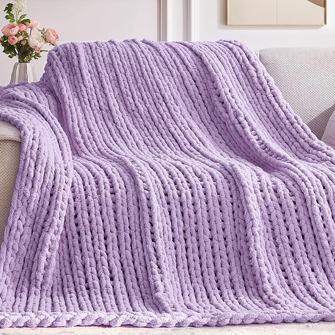 Chunky Knit Throw Blanket, 60''*80'' Knitted Throw Chenille Yarn for Bed Couch, Handmade Light Purple Crochet Big Thick Blanket, Machine Washable Cute Comfy Blanket for Home Decor