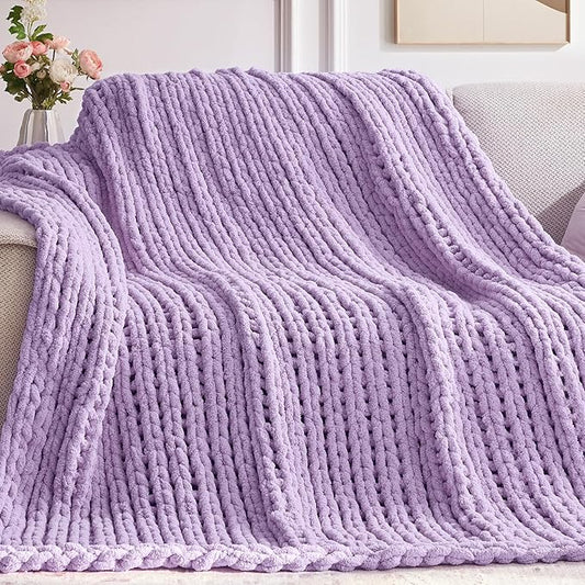 Chunky Knit Throw Blanket, 60''*80'' Knitted Throw Chenille Yarn for Bed Couch, Handmade Light Purple Crochet Big Thick Blanket, Machine Washable Cute Comfy Blanket for Home Decor