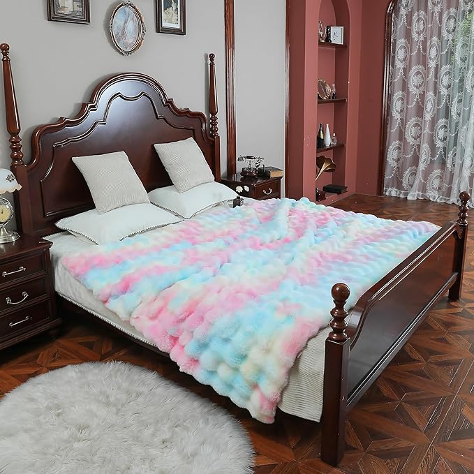 UKELER Colorful Faux Fur Throw Blanket Twin Size, Large Super Soft Fluffy Bed Blankets Throws for Bedroom, Living Room, Couch, Sofa, Office, Camping Plush Furry Blanket 60''x80''