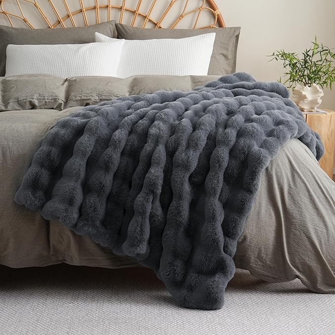 BENVWE Faux Fur Throw Blanket for Couch Bed - Fluffy Soft Thick Bubble Blanket for Living Room Home Decor - Fathers Day Birthday Gifts for Women Men, Grey, 63" x 80"