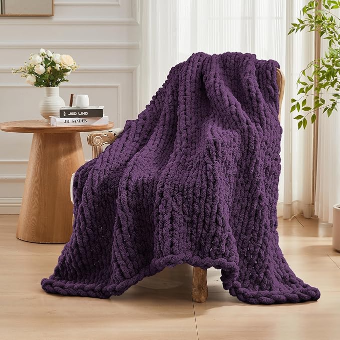 Carriediosa Chunky Knit Throw Blanket 60" X 80" Twin, 100% Hand Made Large Chenille Loop Yarn Soft Fluffy Throws for Couch Sofa Bed, Big Crochet Cozy Heavy Thick Cable Woven Blanket, Dark Purple