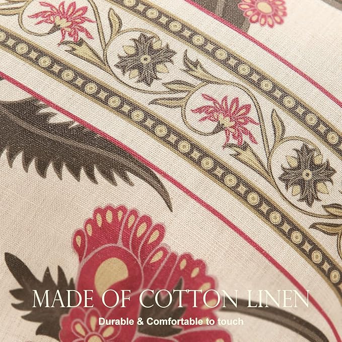 patdrea Designer Throw Pillow Covers Set of 4,Vintage Red Linen Pillowcases with Flower and Birds Pattern Pillows Cover for Couch,Farmhouse Decorative Cushion for Bed Living Room Outdoor Car