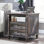 T4TREAM 24'' Farmhouse End Table w/4 Solid Wood Feet, Large 2 Drawers Wide Sofa Side Table with Charging Station, Tall Rustic Wood Square Nightstand for Living Room, Bedroom, Office, Dark Rustic Oak