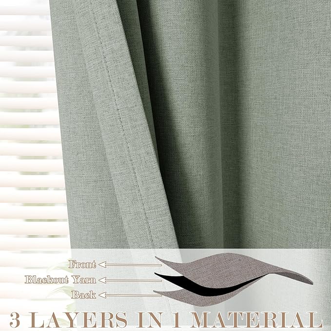 Extra Wide 100% Blackout Linen Textured Curtains - Room Dividers, W150 x L108 (1 Panel), Pinch Pleat Drapes for Living Room, Full Light Block Out Drapery for Sliding Door, Fog Green