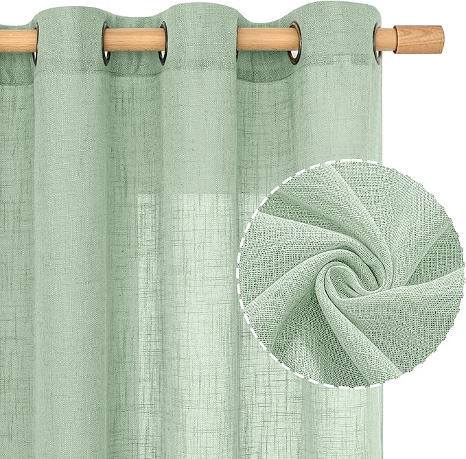 LAMIT Short Linen Curtains 40 Inch Length for Small Window, Fresh Green Light Filtering Semi Sheer Panels Bronze Grommet Neutral Drapes for Basement/Window, 2 Panels, 34 x 40 Inch
