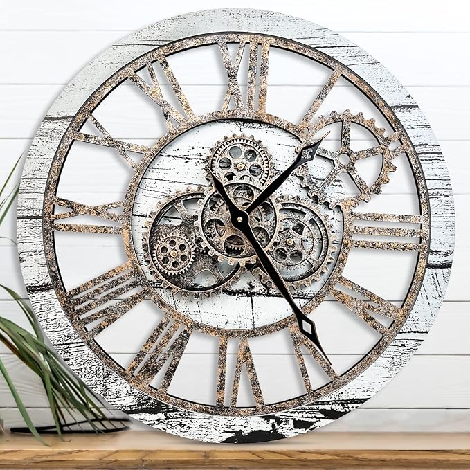 The B-Style Large Wall Clock 24 inch Moving Gear Wall Clock Oversized Vintage Farmhouse Wall Clocks for Living Room Decor Rustic Industrial Wood Clock (Gray and White)