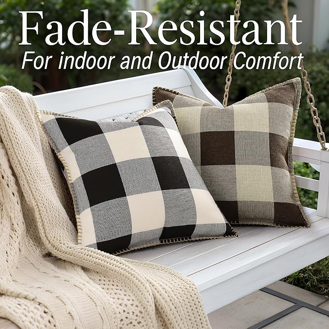 decorUhome Buffalo Plaid Check Throw Pillow Covers 20x20 Set of 2, Outdoor Decorative Farmhouse Neutral Pillow Covers with Stitched Edge for Bed Couch Sofa, Brown and Beige