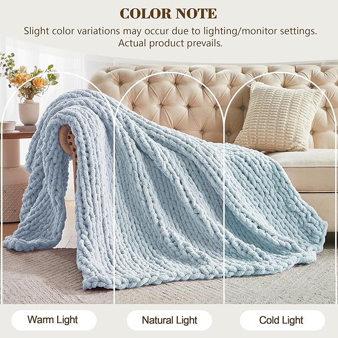 Carriediosa Chunky Knit Throw Blanket 60" X 80" Twin, 100% Hand Made Large Chenille Loop Yarn Soft Fluffy Throws for Couch Sofa Bed, Big Crochet Cozy Heavy Thick Cable Woven Blanket, Light Blue