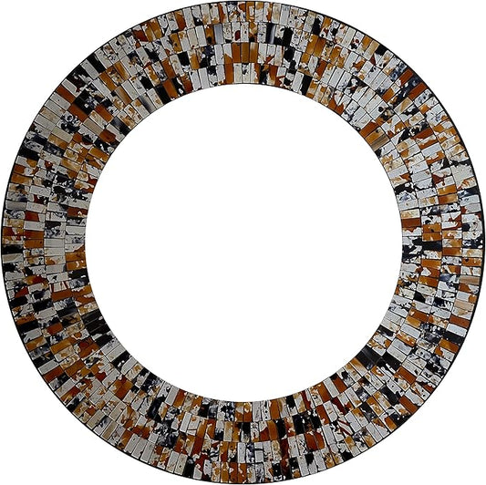 Mosaic Mirror, Wall Art Décor – Handcrafted Decorative Wall Mirror, Apricot Mosaic Mirror, 24” Frame, 15" Round Mirror for Hallway, Bedroom, Bathroom, Living Room