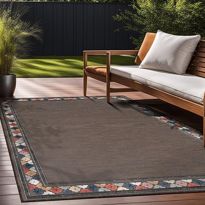 Beverly Rug Outdoor Rug 6x9 Modern Bordered Area Rugs for Indoor and Outdoor Patio Easy to Clean Non Shedding Living Room Porch Garden Washable Outside Carpet (6 x 9 Brown)