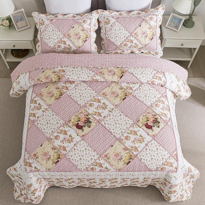 NEWLAKE Quilt Set King Size, Bedspread Sets Pink Botanical Floral, Reversible Quilt Bedding Set Lightweight and Breathable for All Seasons, Soft Quilted Bedspread with 2 Pillow Shams