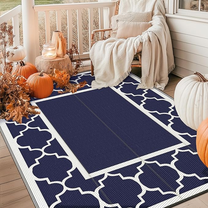 GENIMO 5' x 8' Outdoor Rug Waterproof for Patio Fall Decor, Foldable Reversible Plastic Straw Area Rugs Mat for Camper, Outside Carpet for Rv, Deck, Porch, Picnic, Beach, Balcony, Blue & White