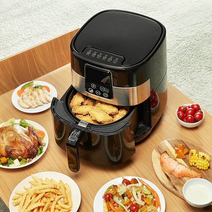 Amazon Basics 3.2 Quart 6-In-1 Air Fryer (Fry, Crisp, Roast, Bake, Reheat, Dehydrate), Non-Stick, with Timer, Auto Shut-Off, Digital Touch Screen, 180-400°F, 1400W, Black/Silver
