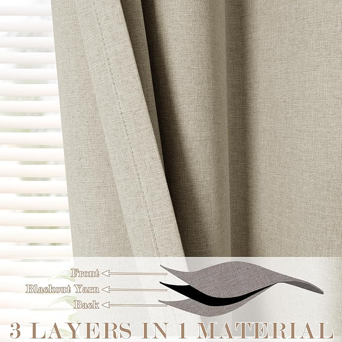 100% Blackout Linen Textured Drapes for Bedroom Pinch Pleated Curtains for Track System Portable Drapery for Sliding Glass Door/Storage/Space Room Divider, 70" Wx96 L, 1 PC, Beige