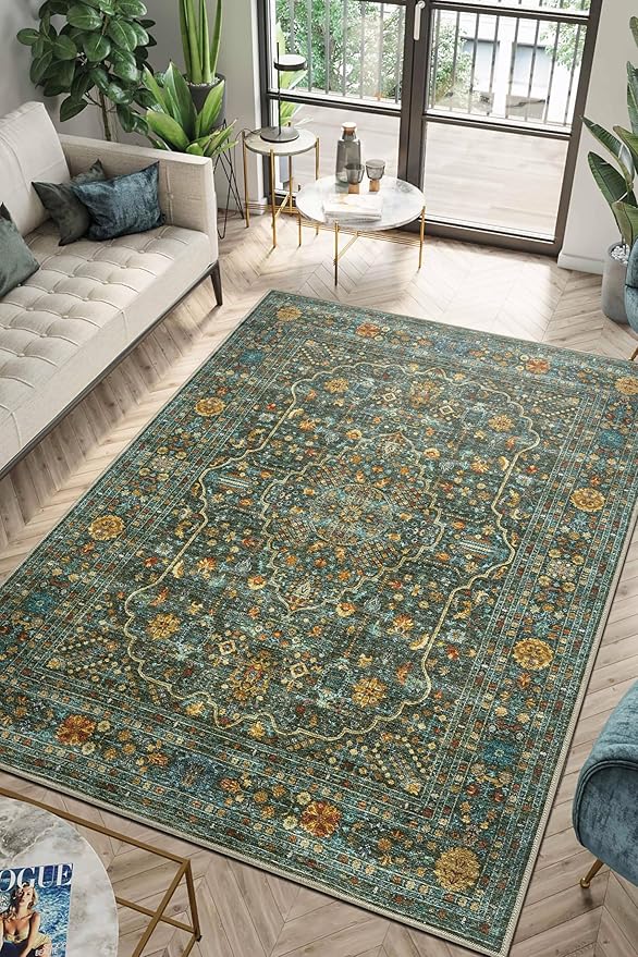 Keen Home Design 6x9 Rug - Machine Washable Area Rug with Non-Slip Backing, Ideal for Living Room, Dining Room, Bedroom - Vintage, Easy Clean, Durable, Low Pile Rug - (6' x 9')