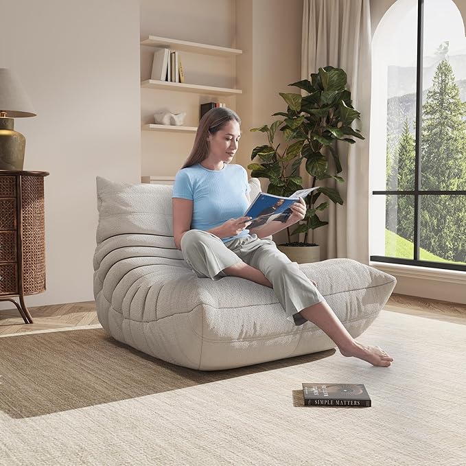 Bean Bag Chair, Oversized Bean Bag Chair for living Room, Fireside Chair for adults with Memory Foam Filled, Big Accent Sofa Lounge Floor Sofa for Gaming, Reading, Relax, No Assembly Required. (Beige)
