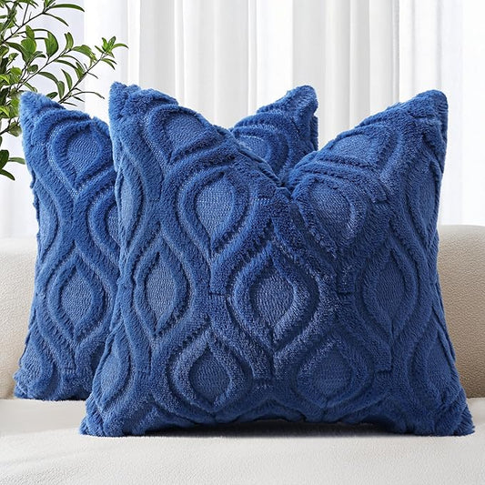 decorUhome Fall Throw Pillow Covers 16x16 Inch Set of 2, Soft Plush Decorative Faux Fur Dark Blue Solid Couch Pillow Covers, Accent Farmhouse Neutral Square Euro Pillow Cases for Sofa Bed Living Room