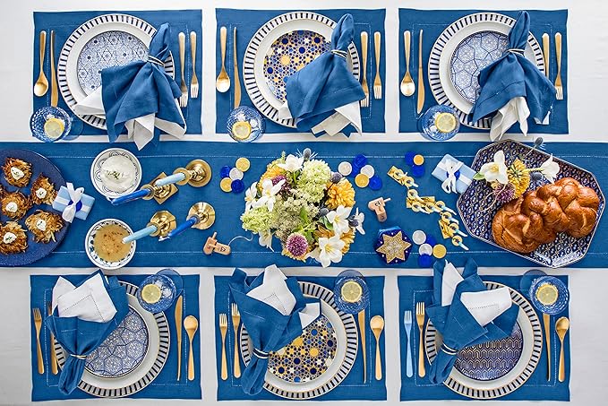 Solino Home Linen Table Runner 108 Inches Long - 100% Pure Linen Indigo Blue Table Runner 14 x 108 Inch for Fall, Autumn - Classic Hemstitch