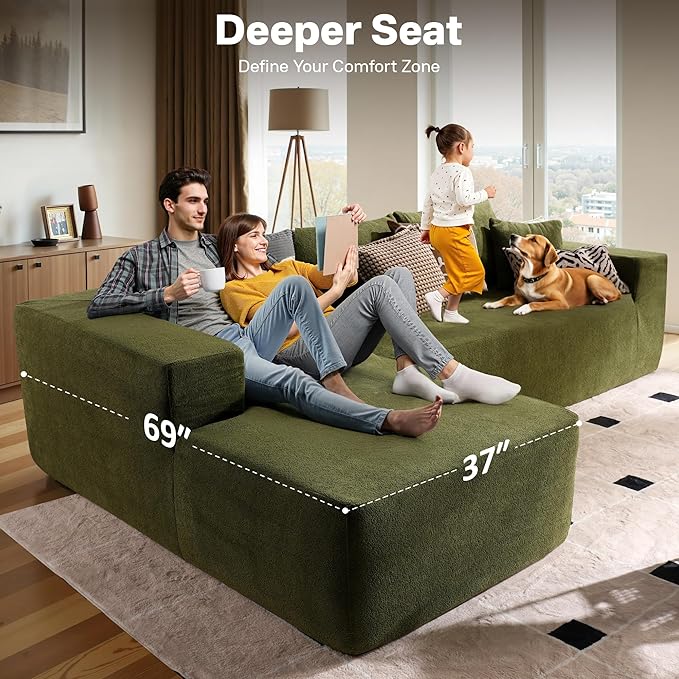 104" Cloud Sectional Couches for Living Room,L Shaped Boneless Couch in A Box,Sleeper Sofa with Comfy Chaise No Assembly Required,Green
