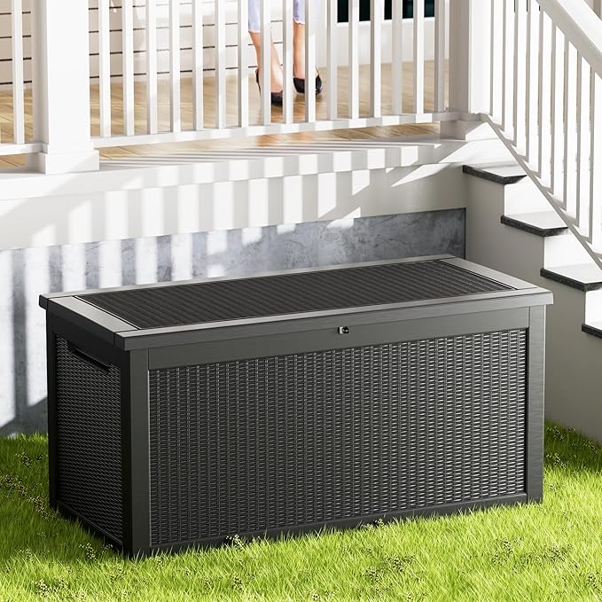 320 Gallon Resin Deck Box, Waterproof Outdoor Storage Bin for Patio Furniture, Pool Accessories, and Garden Tools, Lockable & UV-Resistant, Black