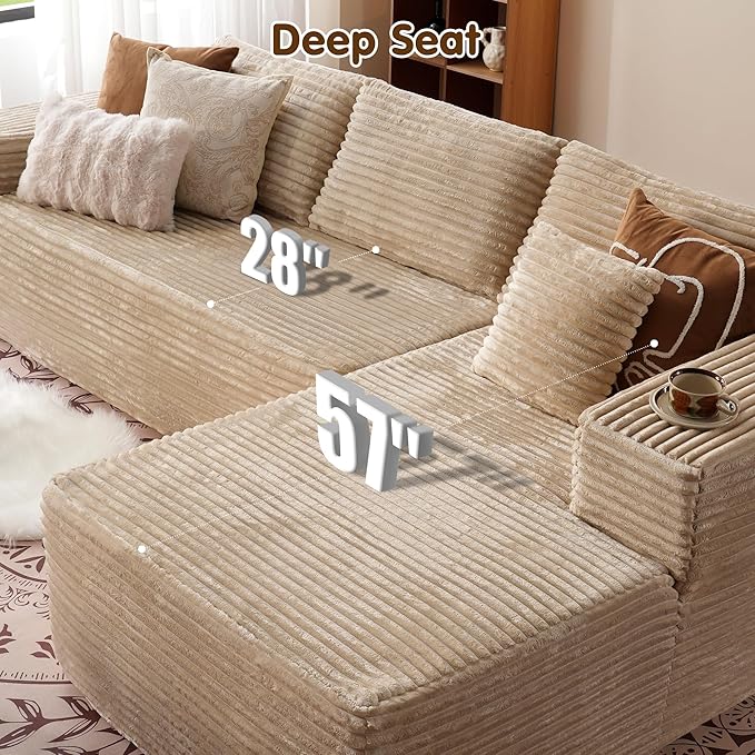 ovios 104" Cloud Sectional Couch with L-Shape Chaise,Modern Modular Sofa with Deep Seat, Upholstered Couches for Living Room Bedroom,No Assembly Required, Beige (Plush Corduroy Fabric)