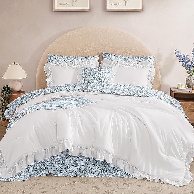 Twin XL Comforter Set - 5 Pieces Ruffle White Bedding Sets, Shabby Chic Farmhouse Bed in a Bag Twin XL with Ruffle Comforter, Floral Sheets, Pillowcases & Shams
