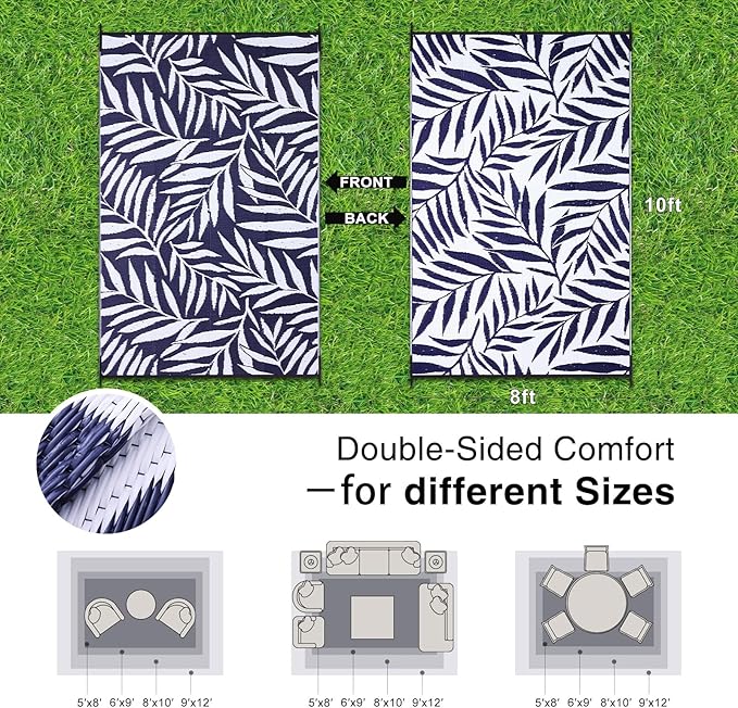 OLANLY Waterproof Outdoor Rug 8x10 ft, Reversible Outdoor Plastic Straw Rug with Leaf Pattern, RV Mat, Indoor Outdoor Carpet for Patio, Camping, Balcony, Deck, Backyard, Navy & White