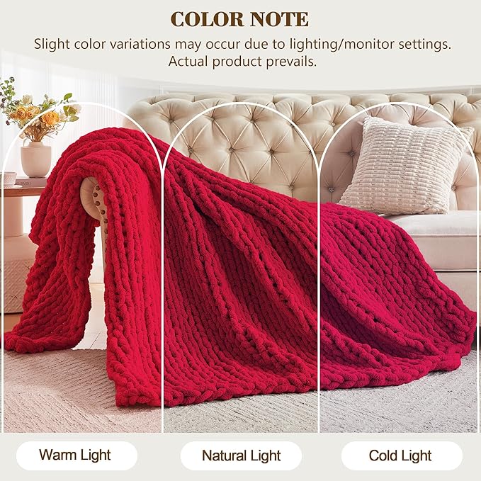 Carriediosa Chunky Knit Throw Blanket 50" X 60", 100% Hand Made Large Chenille Loop Yarn Soft Fluffy Throws for Couch Sofa Bed, Big Crochet Cozy Heavy Thick Cable Woven Blankets, Red