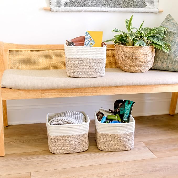 NaturalCozy Storage Cubes 9”x9”x7”Cotton Rope Woven Baskets for Organizing 3-Pack | 9 Inch Cube Storage Bin | Small Basket for Shelf Nursery, Pantry, Decorative Plant, Bathroom Closet, Toy Gift