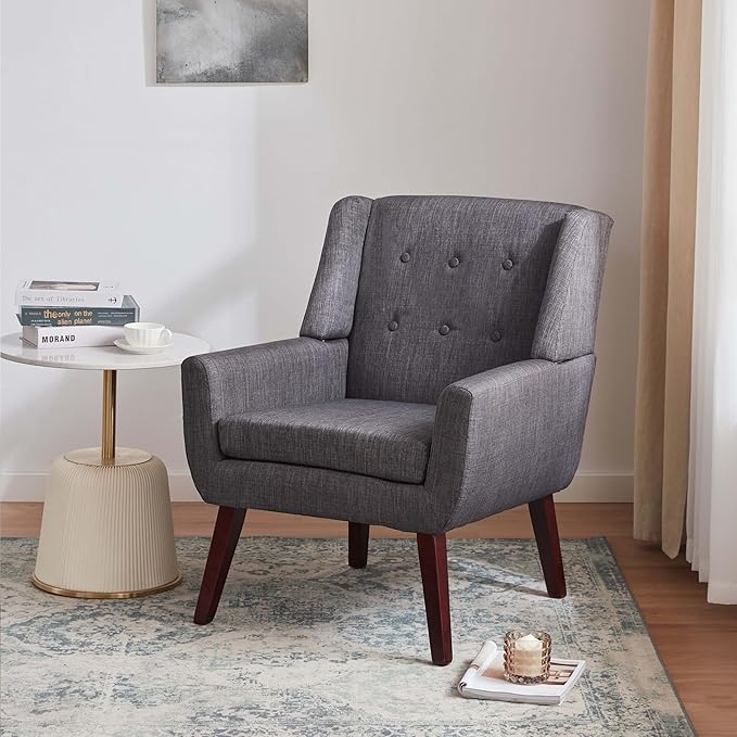 HUIMO Accent Chair Living Room Chair, Upholstered Button Tufted Armchair, Linen Fabric Sofa Chairs for Bedroom, Living Room, Mid Century Modern Comfy Reading Chair (Grey)
