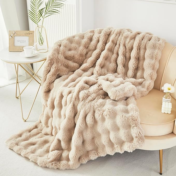 RYNGHIPY Faux Fur Blanket for Couch Fluffy Warm Throw Blanket for Sofa Bed Thick Furry Bubble Blanket (Camel, 51''x63'')