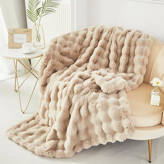 RYNGHIPY Faux Fur Blanket for Couch Fluffy Warm Throw Blanket for Sofa Bed Thick Furry Bubble Blanket (Camel, 51''x63'')